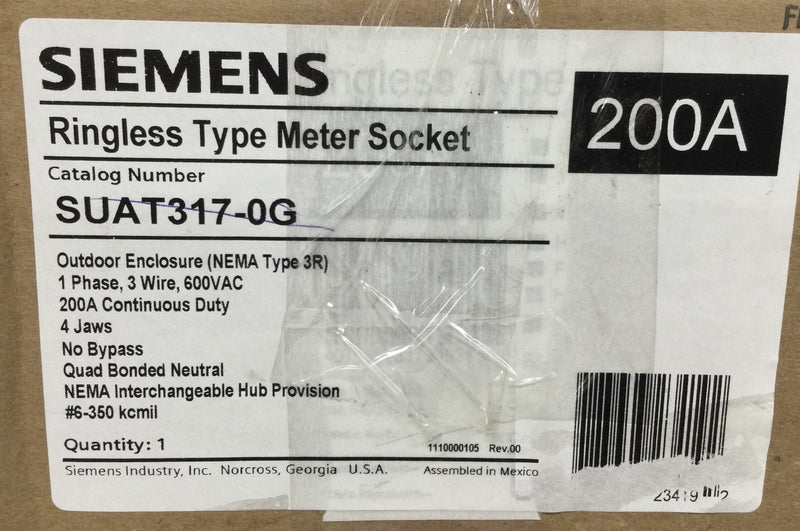 Siemens SUAT317-0G 200 Amp 4 Jaw No Bypass Overhead Fed Meter Socket