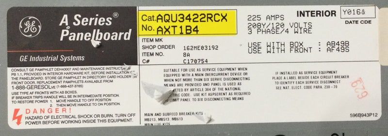 GE General Electric AQU3422RCX AXT1B4 225 Amp A-Series II Lighting Panelboard 208Y/120V 3 Phase 4 Wire 42 Space 50" x 20"