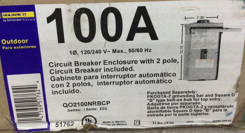 Square D Q02100NRB 100 Amp 120/240V Outdoor Circuit Braker Enclosure with 2 Pole Circuit breaker included.