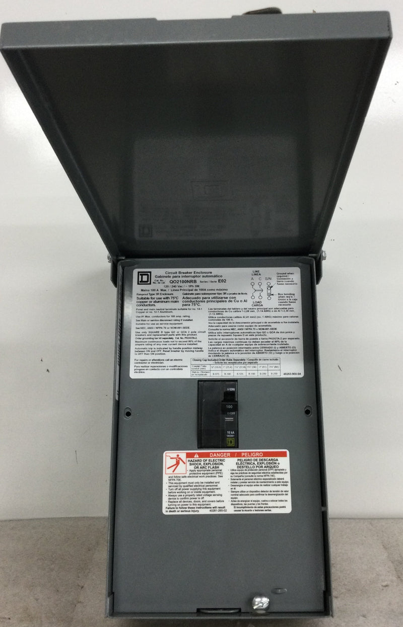 Square D Q02100NRB 100 Amp 120/240V Outdoor Circuit Braker Enclosure with 2 Pole Circuit breaker included.