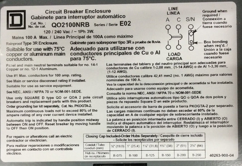 Square D Q02100NRB 100 Amp 120/240V Outdoor Circuit Braker Enclosure with 2 Pole Circuit breaker included.