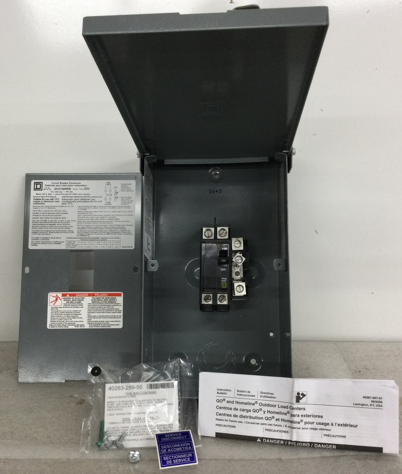 Square D Q02100NRB 100 Amp 120/240V Outdoor Circuit Braker Enclosure with 2 Pole Circuit breaker included.