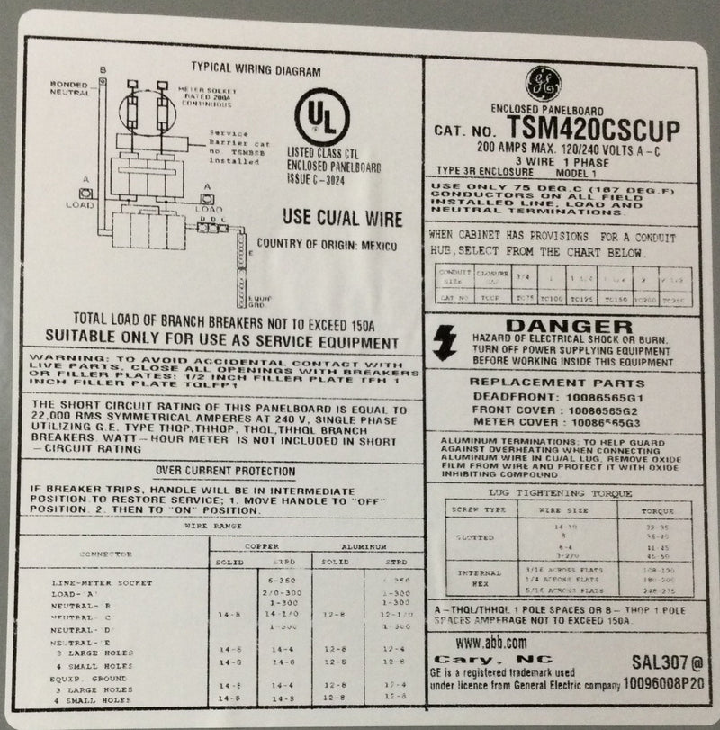 GE TSM420CSCUP Power Mark Gold 200 Amp 4-Space 8-Circuit Meter Socket