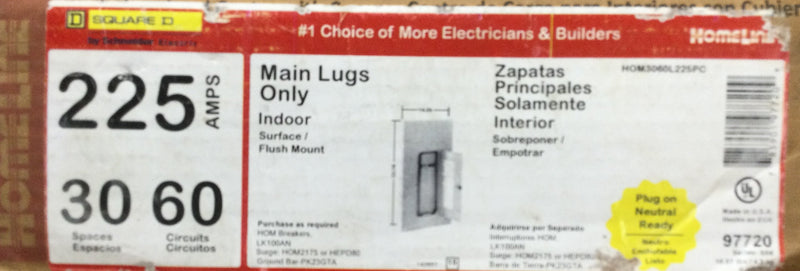 Square D HOM3060L225PC 225 Amp 30-Space 60-Circuit Indoor Main Lug Plug-On Neutral Ready Load Center w/ Cover