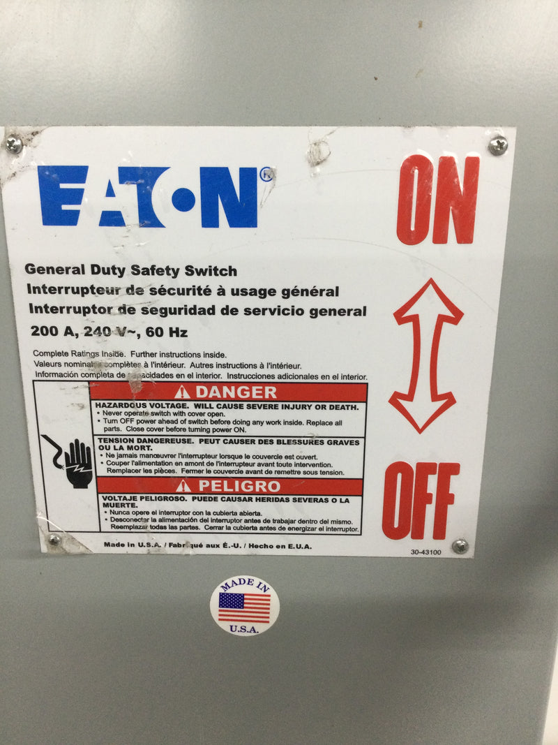 Eaton DG224URK Safety Switch, 200A, 2P, 240V, GD, Non-Fusible, NEMA 3R