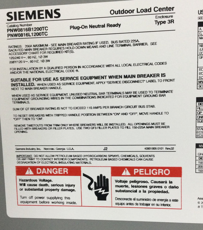 Siemens PNW0816L1200TC 200 Amp 8-Space 16-Circuit Main Lug Plug-on Neutral Trailer Panel Nema 3R Outdoor with Copper Bus