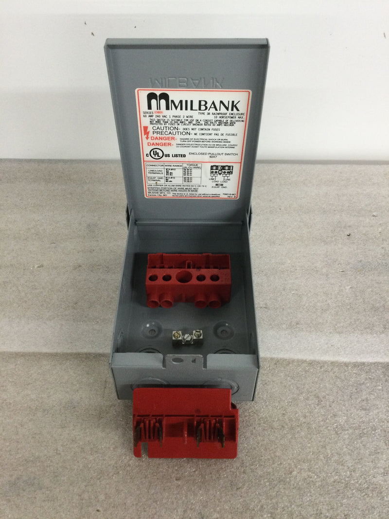 Milbank U3800 60 Amp 240V 1 Phase 2 Wire Type 3R Rainproof Enclosed Pullout Switch
