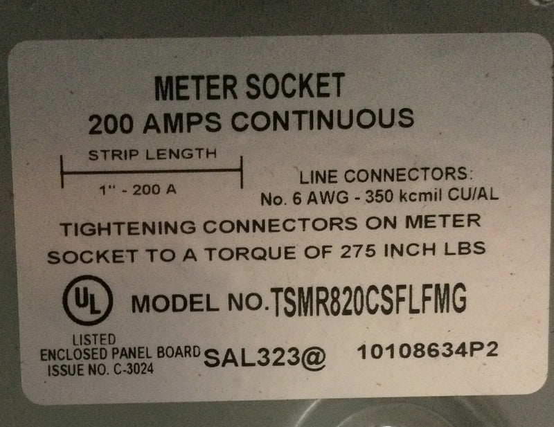 GE TSMR820CSFLFMG 200 Amp 8-Space 16 Circuit Outdoor Combination Main Breaker Ringless Meter Socket Load Center