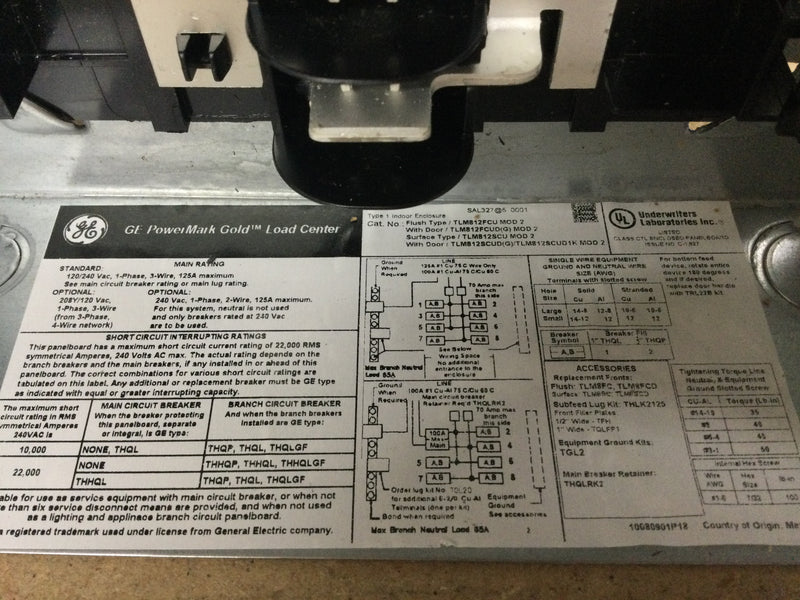 GE TLM812SCUD1K PowerMark Gold 125A 8-Space 16-Pole Indoor Main Lug Load Center TLM812SCUD1K