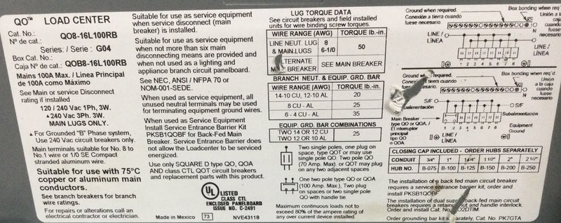 Square D Q08-16L100RB 100 Amp 120/240vac 8/16 Space Load Center