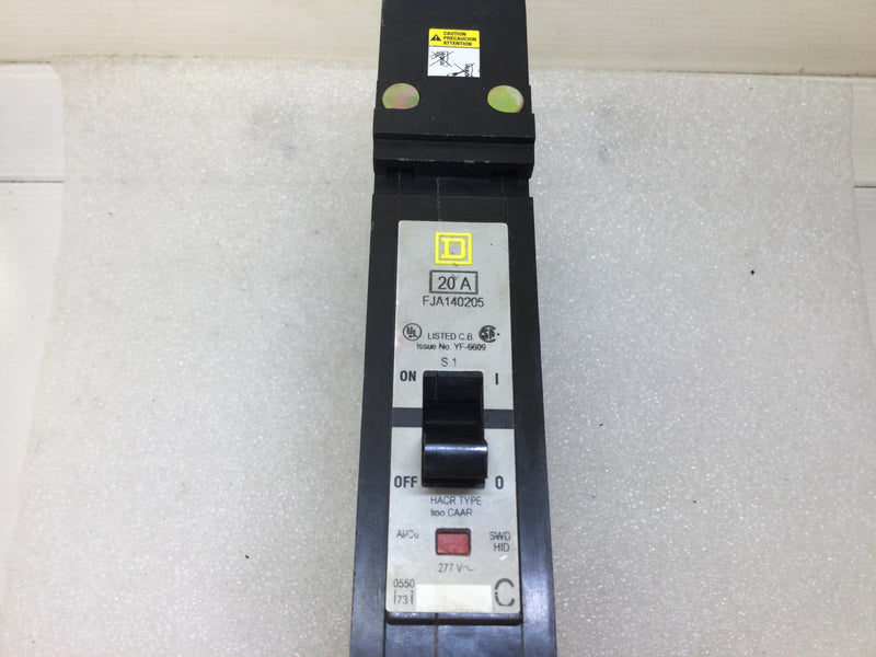 Square D FJA140205 20 Amp 1 Pole 277v 65ka C Phase I Line Circuit Breaker