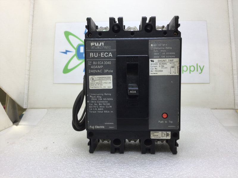 Fuji Electric BU-ECA 3040 Circuit Breaker 3 Pole 40 Amp W/BU-FEC240A Shunt Trip 240 VAC
