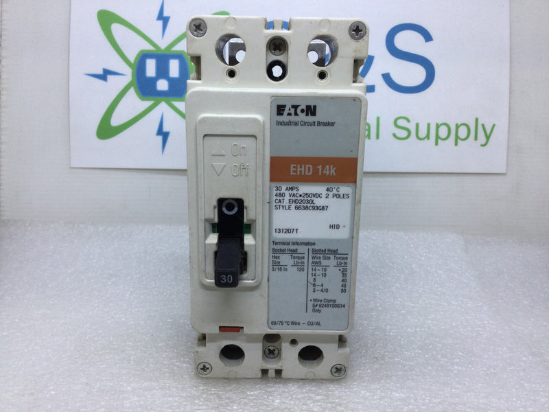 Eaton Cutler Hammer EHD2030L 30 Amp 480V 2 Pole Industrial Circuit Breaker