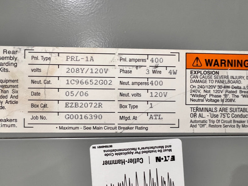 Eaton Cutler-Hammer PRL1a 400 Amp MB 208/120v 42 Space 3 Ph 4 Wire Full Enclosed Panel