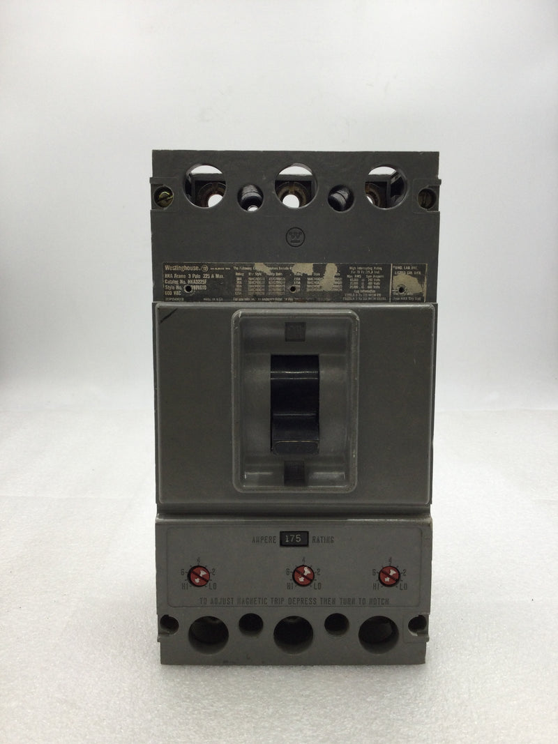 Westinghouse HKA3225F 225 Amp 3 Pole 600 VAC Circuit Breaker w/ 175 Amp Trip
