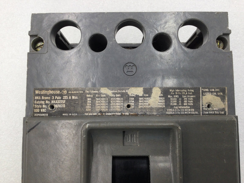 Westinghouse HKA3225F 225 Amp 3 Pole 600 VAC Circuit Breaker w/ 200 Amp Trip