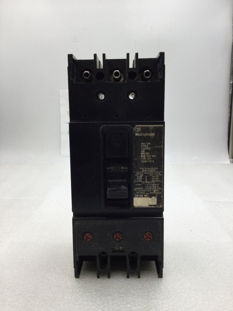Westinghouse JB3175W 175 Amp 3 Pole 600 VAC Circuit Breaker with Adjustable Magnetic Trip