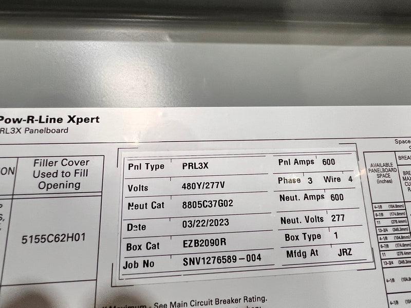 Cutler Hammer PRL3X 600 Amp 480y/277v 3 Ph 4 Wire 36 Space Full Enclosed Panelboard