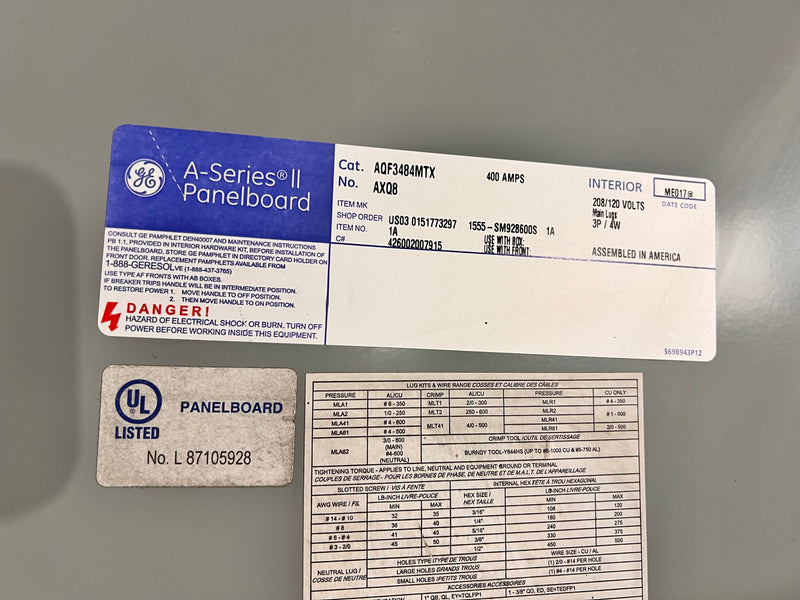 GE General Electric AQF3484MTX ML 400 Amp 208/120v 3 Phase 4 Wire A-Series II Panelboard and Deadfront