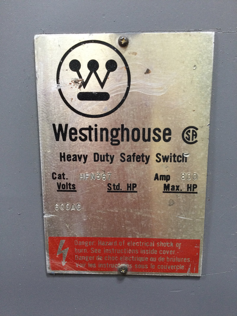 Westinghouse/Bryant HFN367 800 Amp 3 Pole 600V Fusible Heavy Duty Safety Switch 65 1/2" x 38"