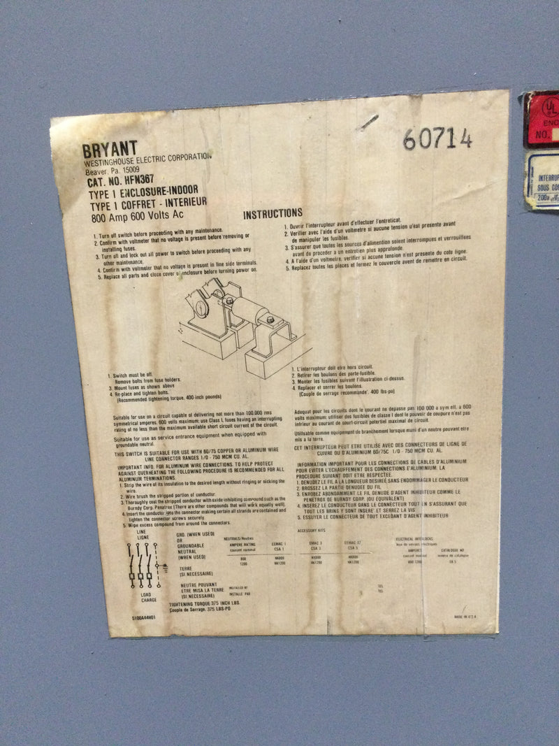 Westinghouse/Bryant HFN367 800 Amp 3 Pole 600V Fusible Heavy Duty Safety Switch 65 1/2" x 38"