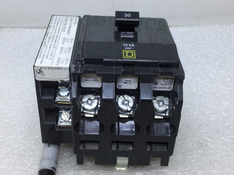 Square D QOB3301021 3 Pole 30 Amp Circuit Breaker with Shunt Trip QOB330 1021