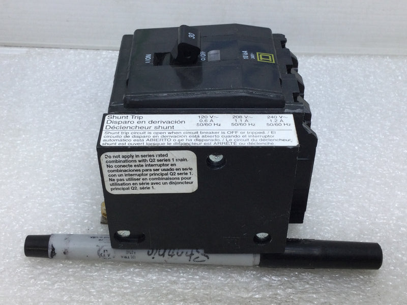 Square D QOB3301021 3 Pole 30 Amp Circuit Breaker with Shunt Trip QOB330 1021