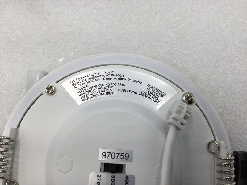 Topaz RDL/4RND/9/5CTS-97 LED 9 Watt Dimmable Color Selectable 4" Slim Downlight