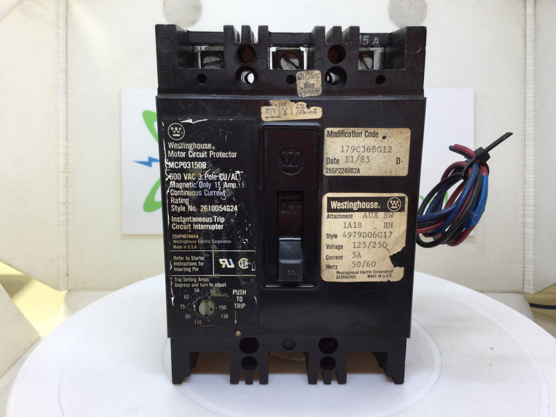 Westinghouse MCP03150R 15 Amp 600 Volt 3 Pole W/4979D06G17 125/250v 5a Aux Switch