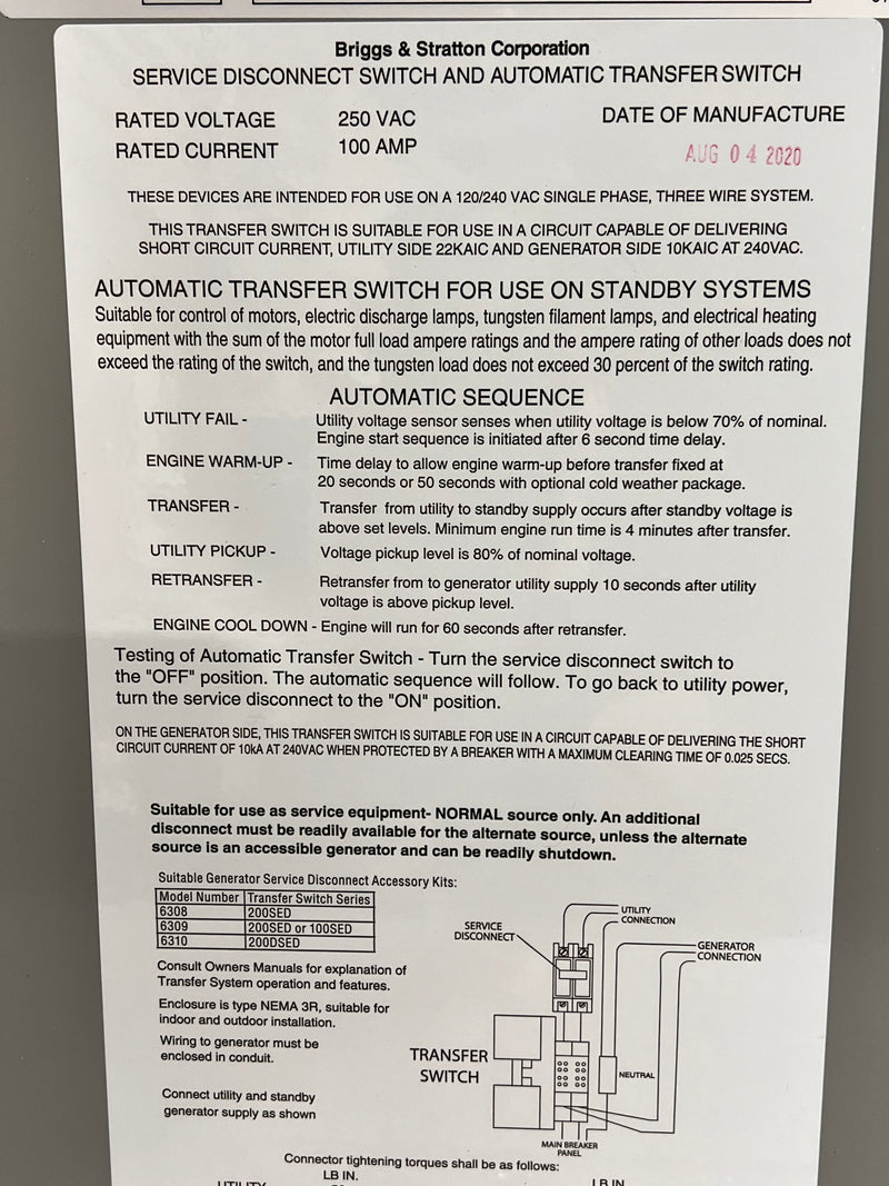 Briggs & Stratton 100SED 071071-02 ATS Automatic Transfer Switch