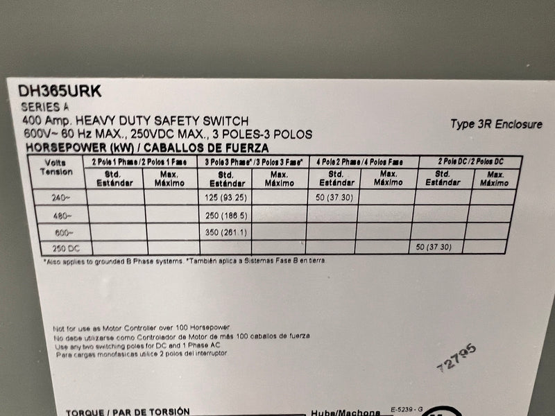 Eaton/Cutler-Hammer DH365URK 400 Amp 3 Pole 600VAC Heavy-Duty Safety Switch Non-Fused Disconnect Type 3R
