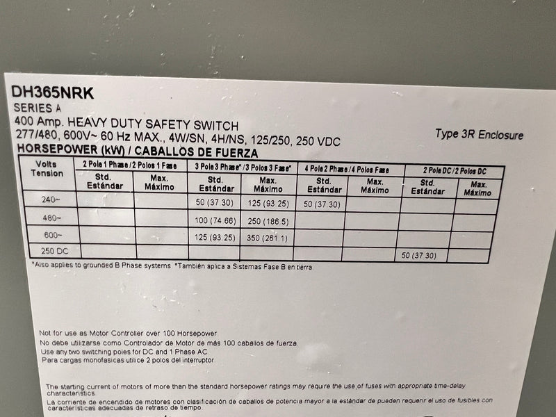 Eaton/Cutler-Hammer DH365NRK 400 Amp 3 Pole 600VAC Heavy-Duty Safety Switch Fuse Type 3Rd Disconnect