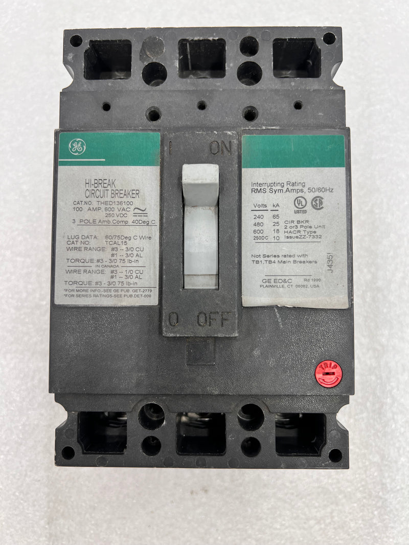 GE General Electric THED136100 100 Amp 600v 3 Pole Green Label Breaker