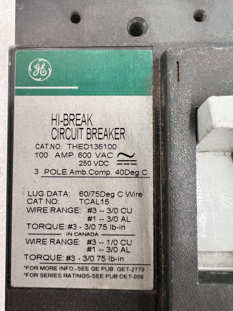GE General Electric THED136100 100 Amp 600v 3 Pole Green Label Breaker