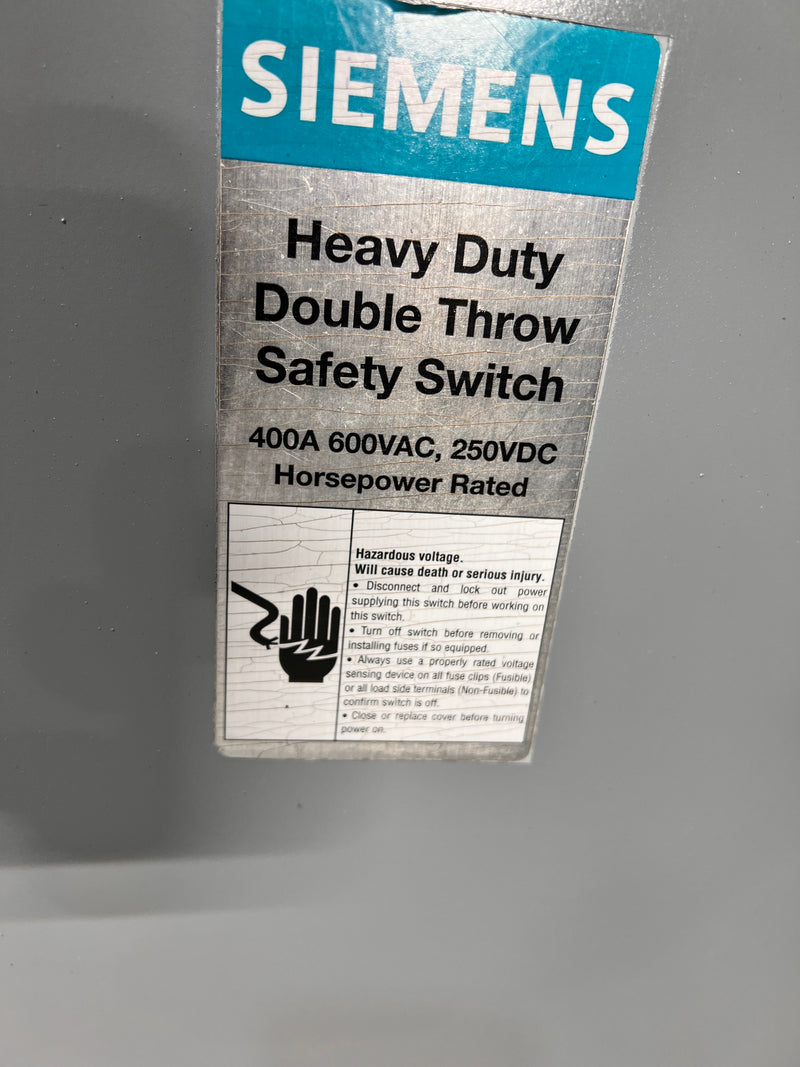 Siemens DTNF365 400 Amp 600 Volt 3R Outdoor Non-Fused Double Throw Safety Switch