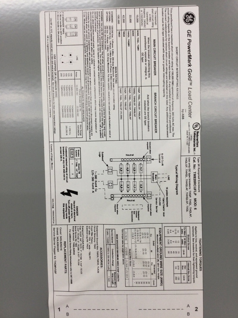 GE General Electric TM820RCUFLP 200A 120/240VAC 8 Space/16 Circuits Load Center Cover Only 28 7/8" x 12 7/8"