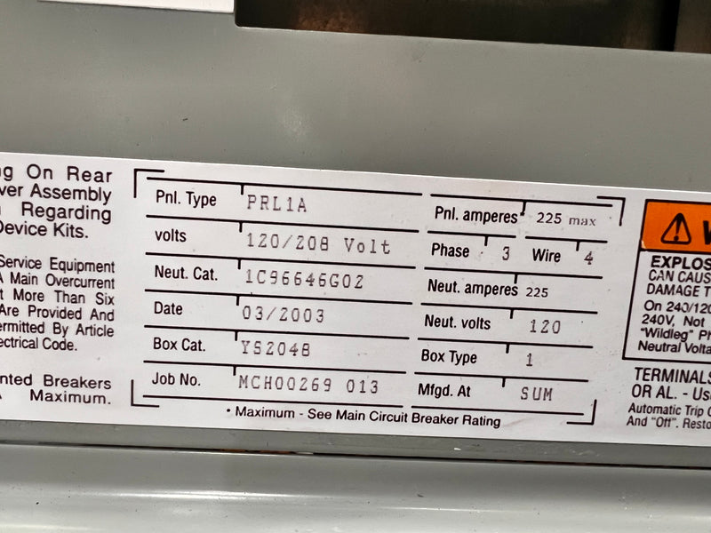 Cutler Hammer PRL1A 225 Amp 120/208v 30 Space 3 Phase 4 Wire Panelboard and Enclosure