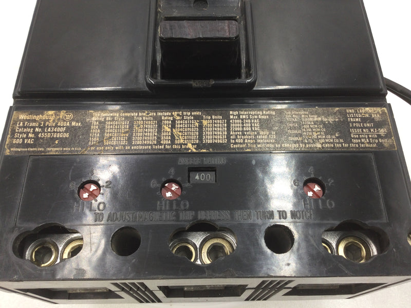 Westinghouse LA3400F 400 Amp 3 Pole 600V Circuit Breaker w/ Shunt Trip