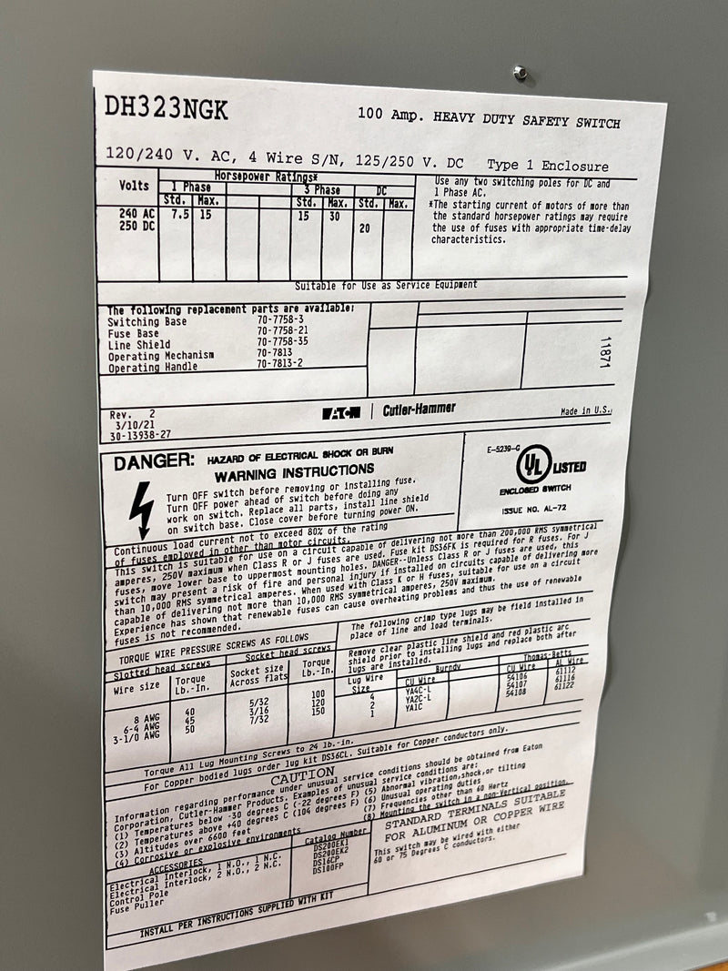 Eaton DH323NGK 100 Amp 240V 4 Wire Nema 1 3 Pole Fusible Safety Disconnect Switch
