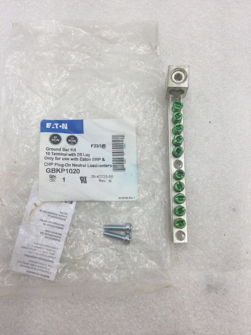 Eaton GBKP1020 Ground Bar Kit 10 Terminal w/ 2/0 Lug for Eaton BRP & CHP Load Centers