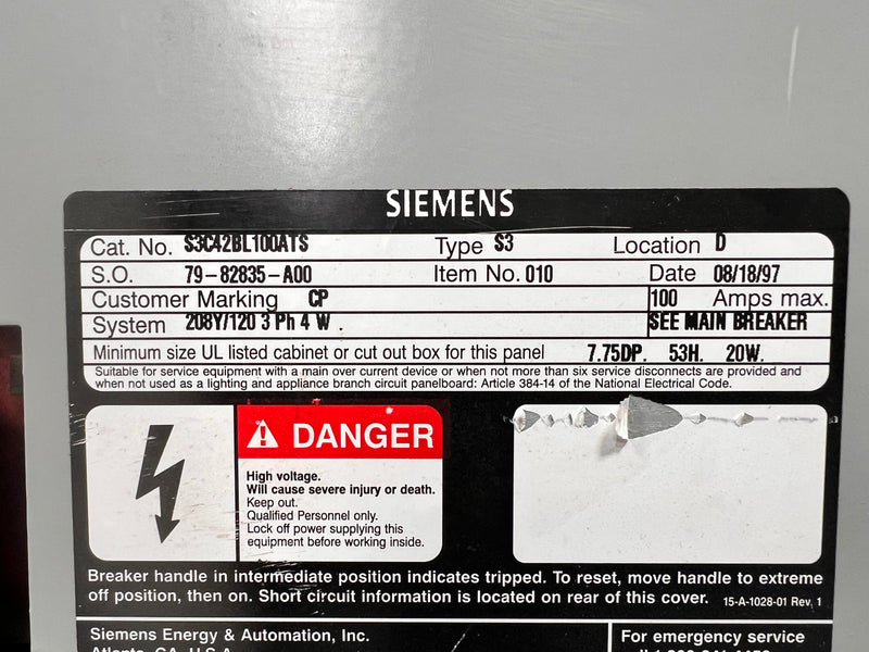 Siemens S3C42BL100ATS 100 Amp 208Y/120V 3 Phase 4 Wire Type S3 42 Circuit Panel Board Guts Only