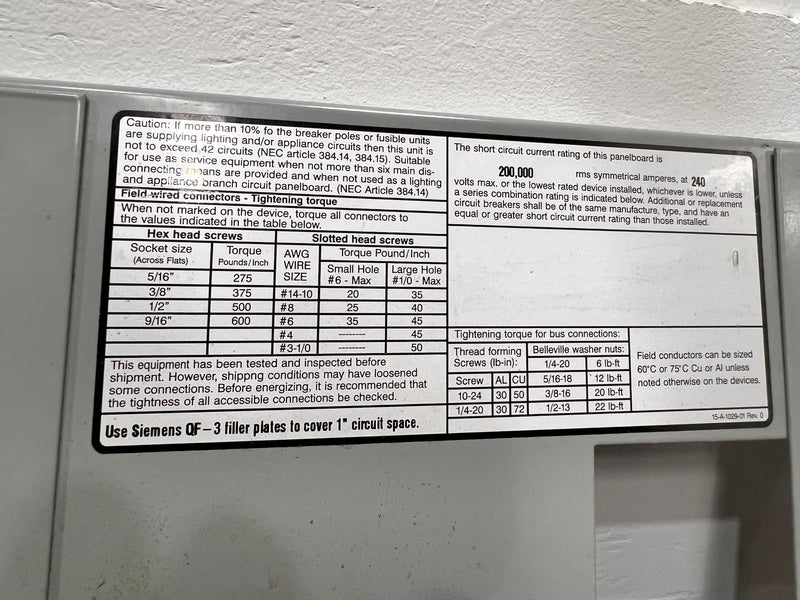 Siemens S3C42BL100ATS 100 Amp 208Y/120V 3 Phase 4 Wire Type S3 42 Circuit Panel Board Guts Only