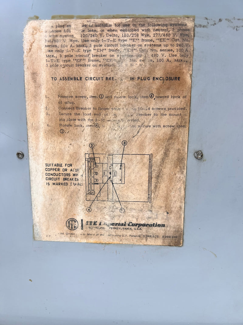 ITE IUC3100 Circuit Breaker Plug Enclosure 100 Amp 600V E-EH-EF