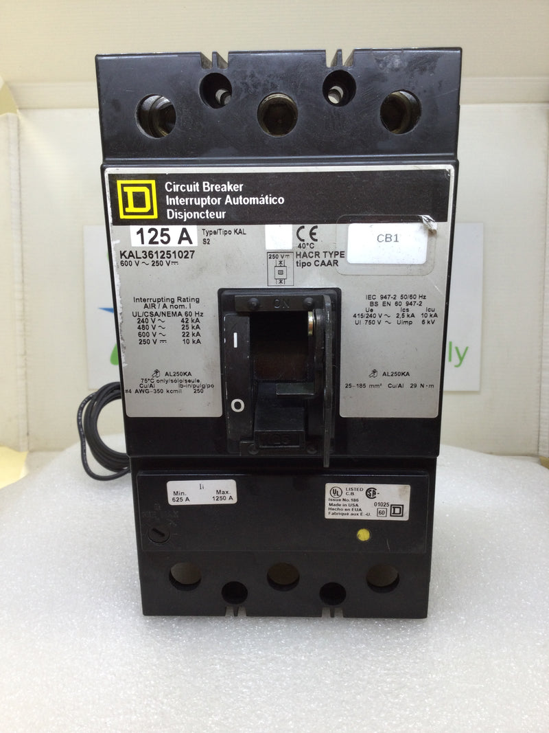 Square D KAL361251027 125 Amp 600V W/24v Shunt Circuit Breaker