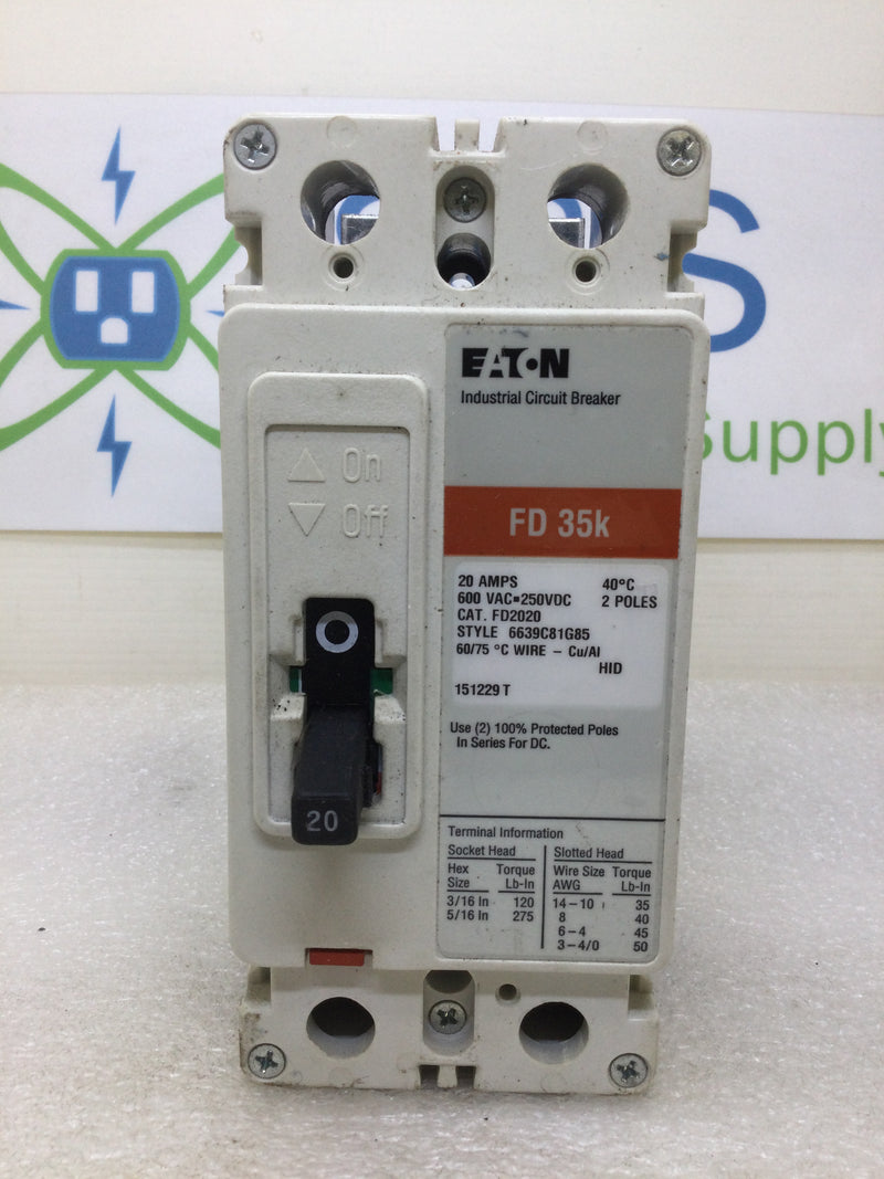 Eaton FD2020 20 Amp 2 Pole 600Vac FD35K Circuit Breaker