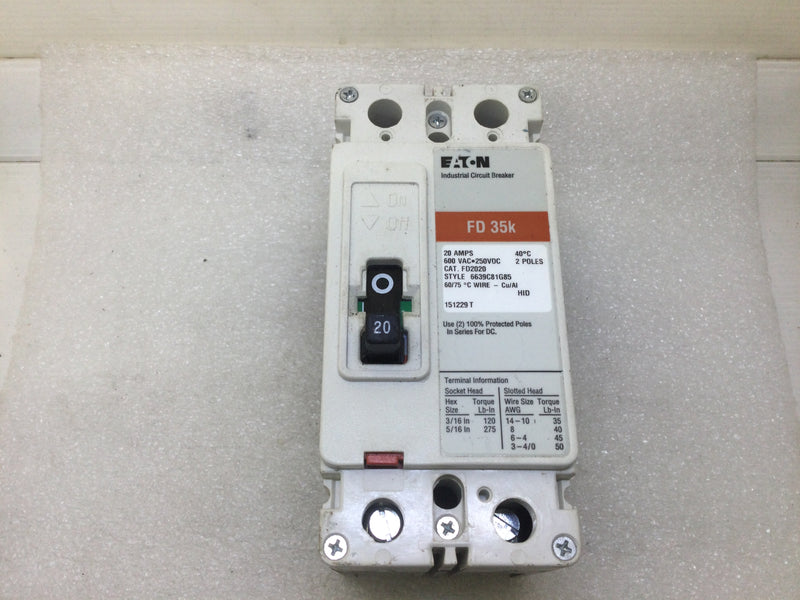 Eaton FD2020 20 Amp 2 Pole 600Vac FD35K Circuit Breaker