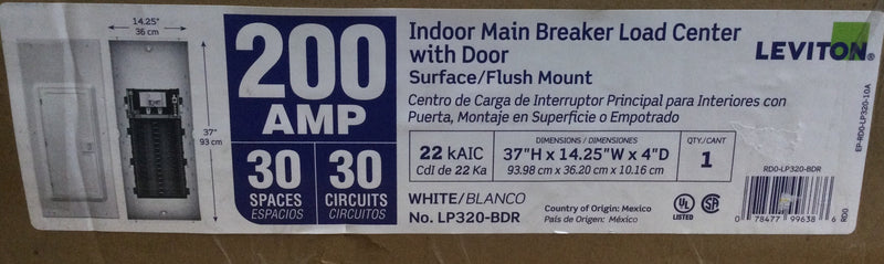 Levitron LP320-BDR Indoor Main Breaker Load Center with Door 200 AMP, 30 Space/30 Circuit with 200A Main Circuit Breaker with Door