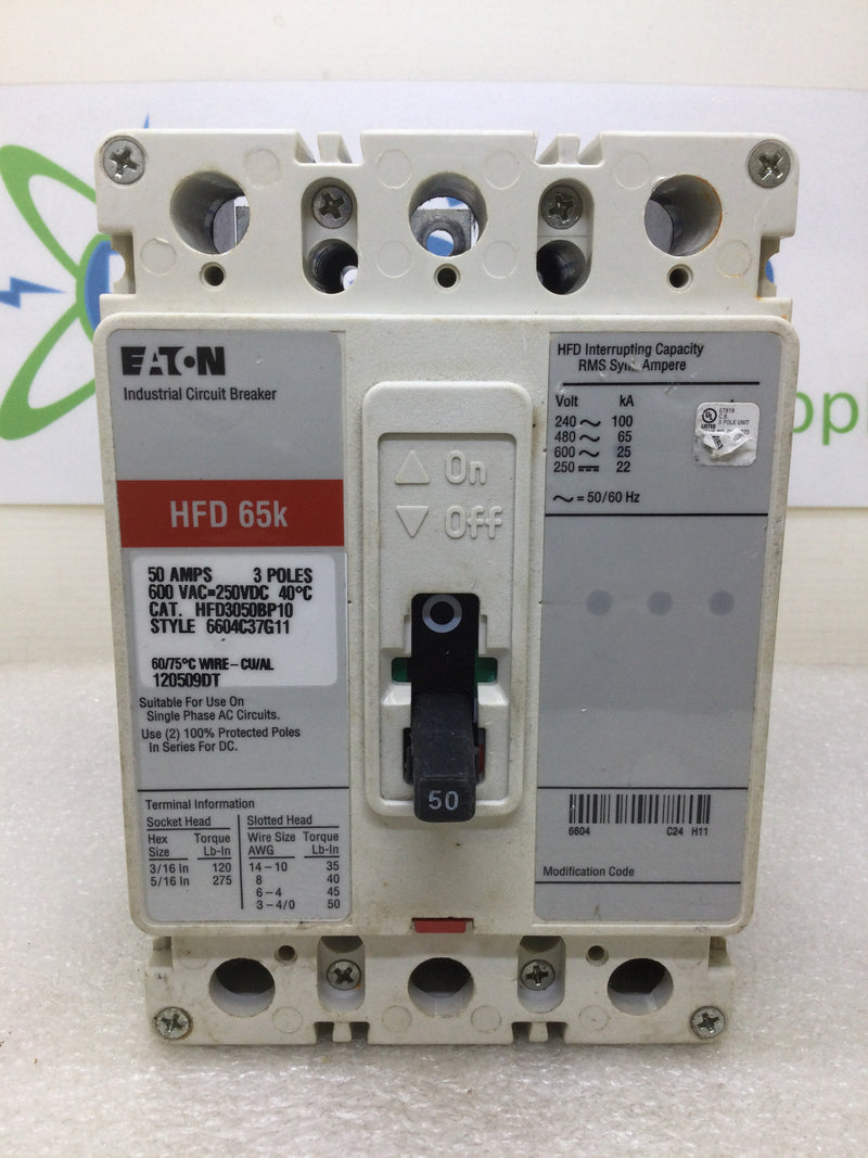 Eaton HFD3050BP10 50 Amp 3 Pole 600Vac HFD65K Circuit Breaker