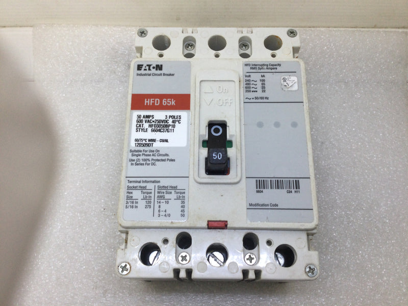 Eaton HFD3050BP10 50 Amp 3 Pole 600Vac HFD65K Circuit Breaker