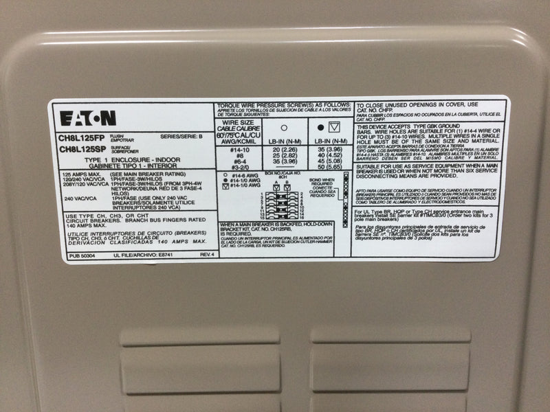 Eaton/Cutler-Hammer CH8L125SP Type 1 Enclosure 125A 120/240VAC Type CH,CHT Load Center